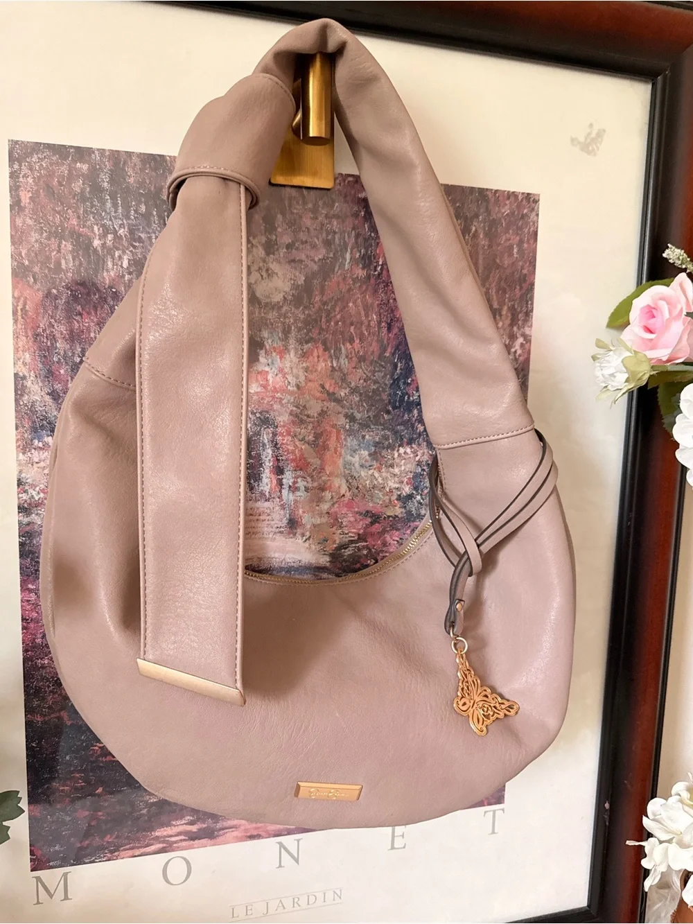 Excellent Pre-loved Condition- HoboTaupe Shoulder Hobo Bag with Decorative Charm
